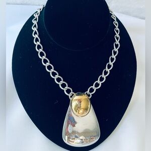 Monet Vintage Abstract Necklace Mirror-Reflective Silver With Gold Oval Signed